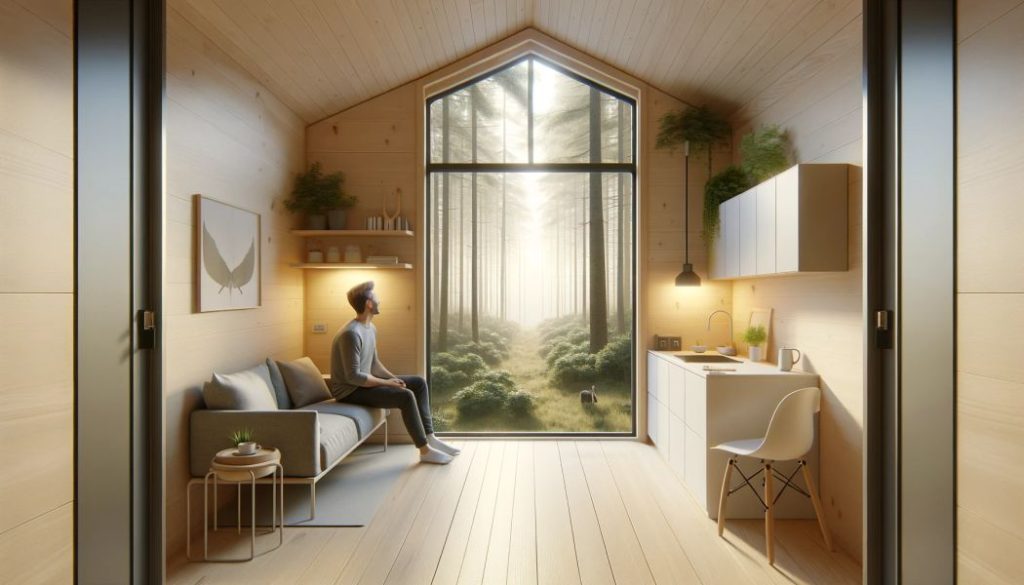  single happy person in a one-room minimalistic tiny home